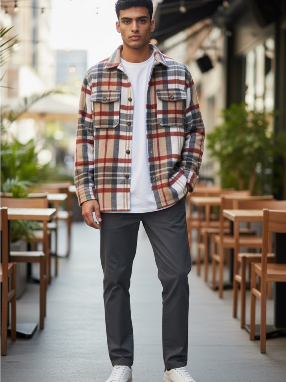 Zara Plaid Shacket in Cream, Red & Gray shirt jacket